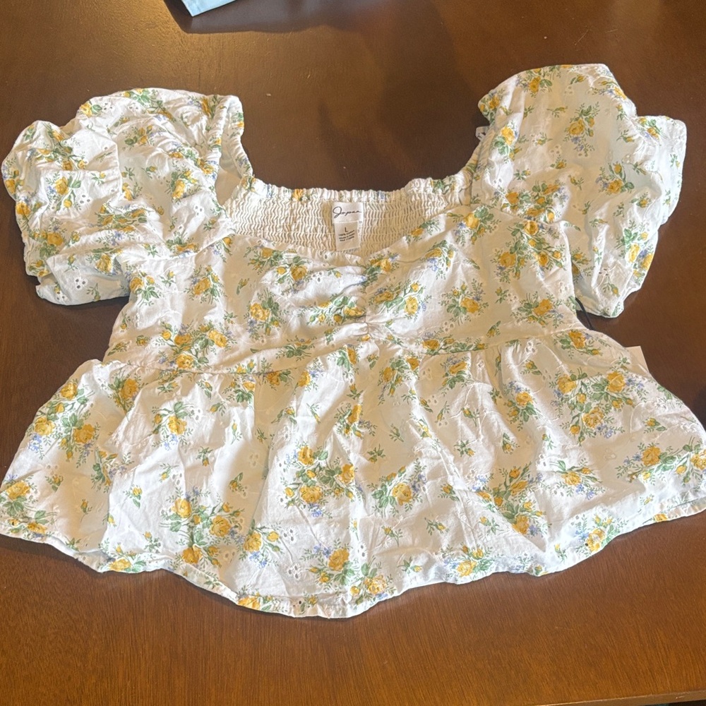 Japna White Floral Puff-Sleeve Crop Top with Yellow Roses